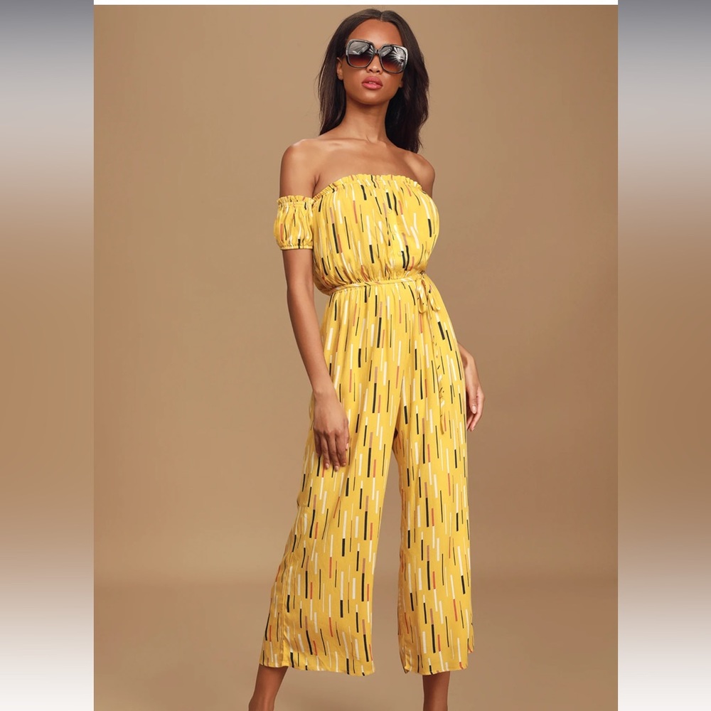 Lulus True Radiance Yellow Multi Print Off-the-Shoulder Jumpsuit